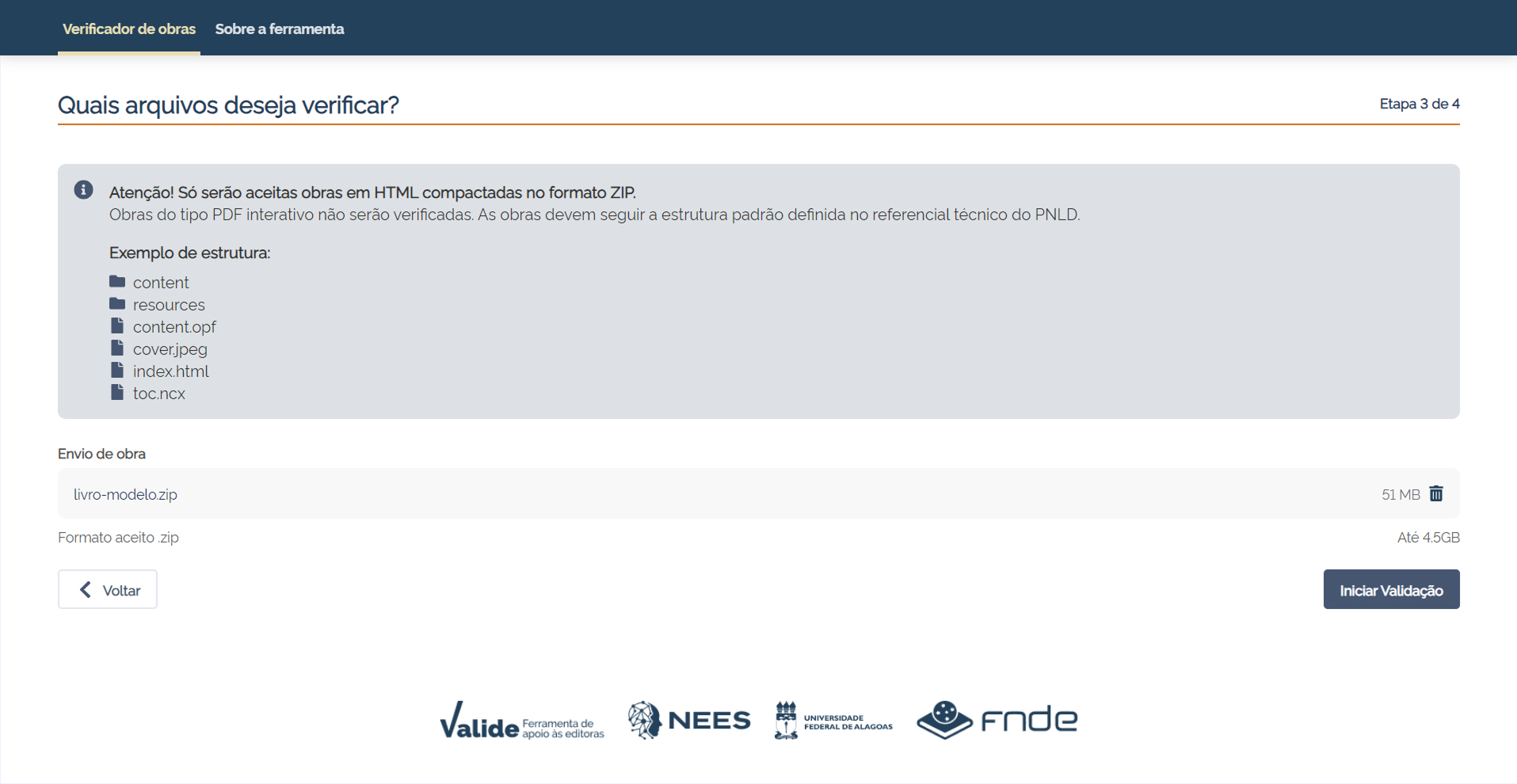 Tela do Valide perguntando "Quais arquivos deseja verificar?", com instruções de envio e área para selecionar o arquivo .zip da obra